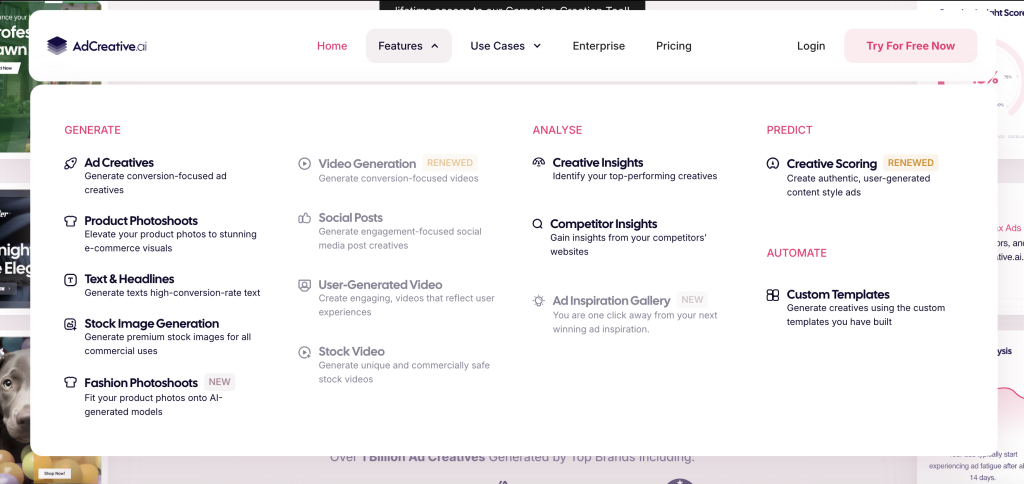 AdCreative.ai features menu highlighting key tools: AI-Generated Ad Creatives, Intelligent Text Generation, Product Photoshoots, Fashion Photoshoots, Stock Images, and Creative Insights for data-driven optimization.